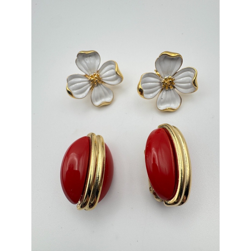 Vintage Trifari Earrings Lot of 2 Pairs White Enamel Dogwood Flower Red